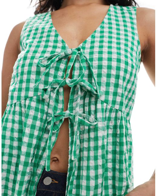 New Look Green Gingham Short Sleeve Tie Front Shell Top
