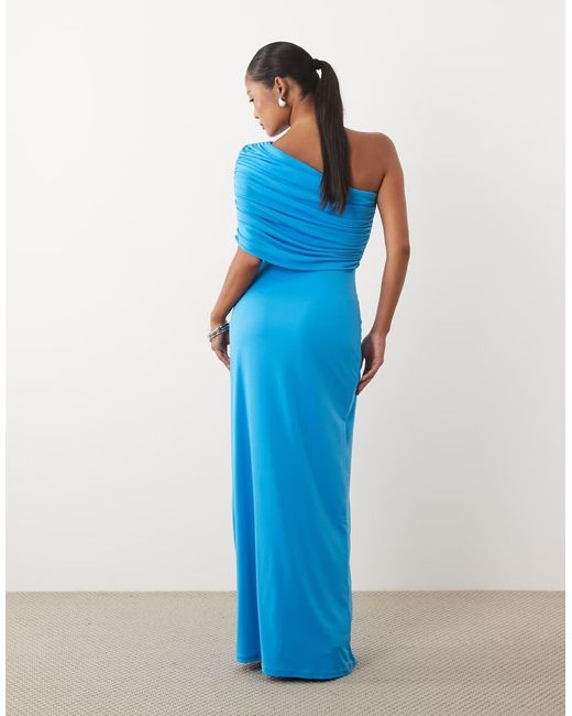 TFNC London Blue Slinky Draped One Shoulder Maxi Dress