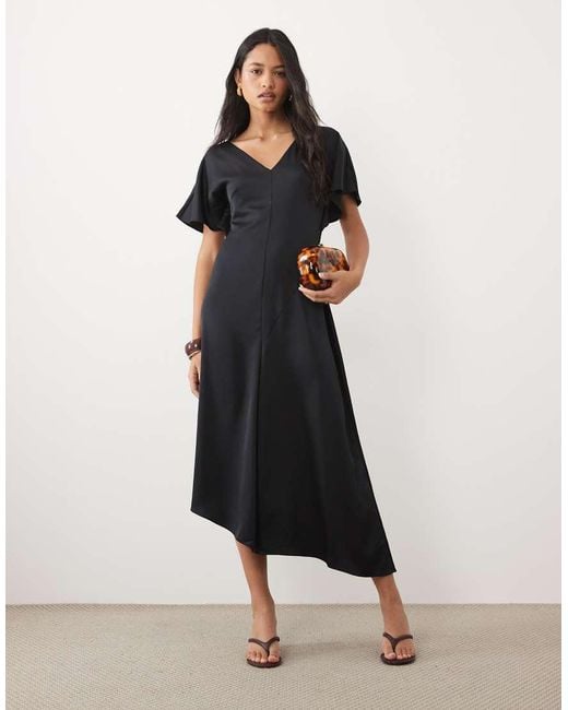 ASOS Black V Neck Satin Midi Tea Dress