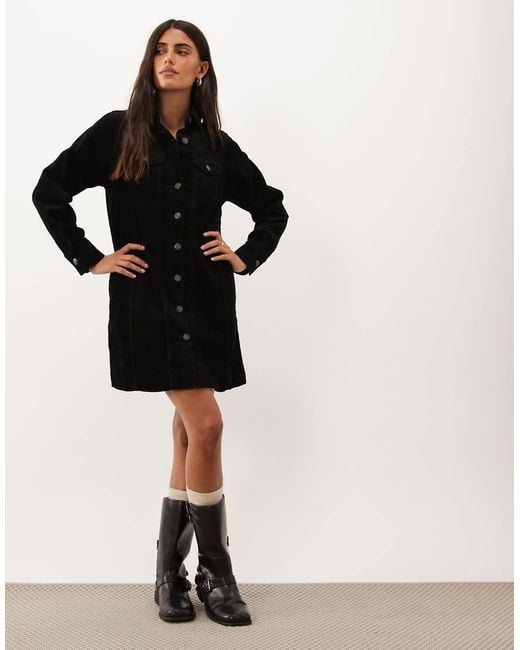 Nobody's Child Black Sheena Cotton Cord Button Down Long Sleeve Shirt Dress