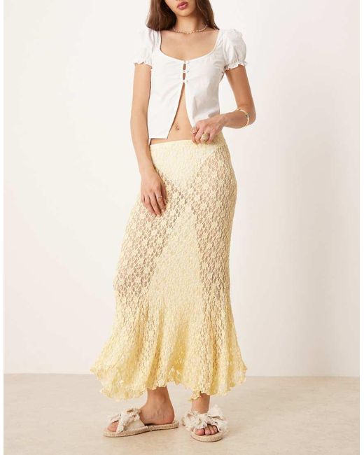 ASOS Natural Sheer Lace Midi Skirt With Godet Hem
