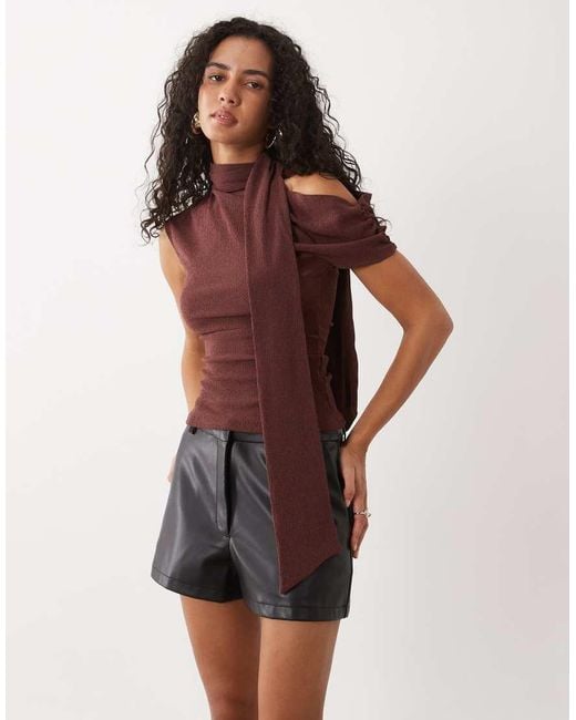 ASOS Brown Textured Scarf Neck Fallen Shoulder Top