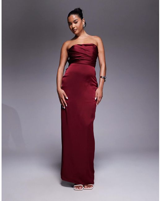 Jarlo Bandeau Satin Maxi Dress With Bow Back in Red | Lyst