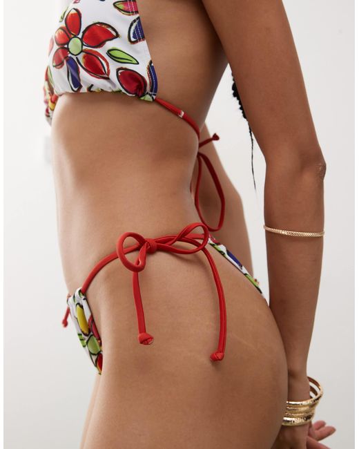 Reclaimed (vintage) Brown – seitlich gebundene bikinihose mit handgezeichnetem, farbenfrohem blumenmuster