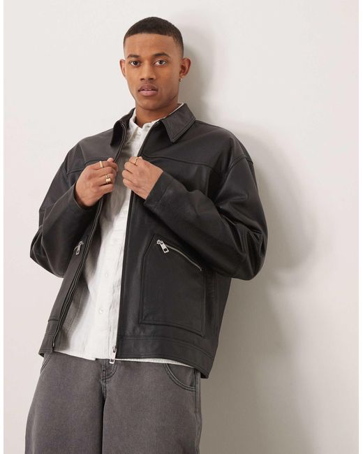 Premium - blouson harrington oversize en cuir véritable ASOS pour homme en coloris Gray