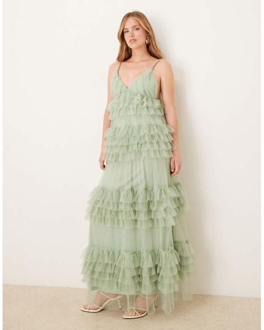 Y.A.S Green Statement Tiered Tulle Maxi Dress