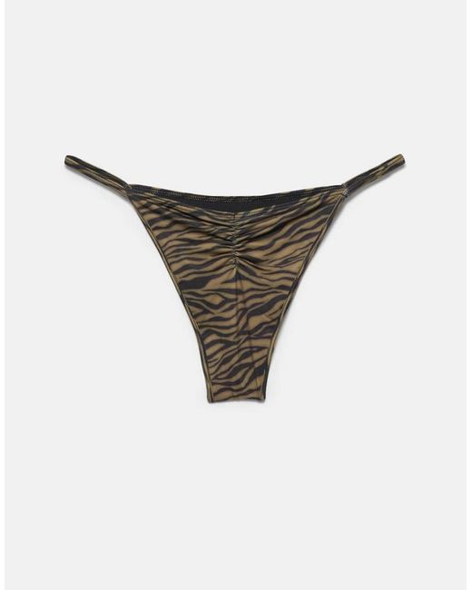 Pull&Bear Natural Zebra Print Gathered Bikini Bottoms