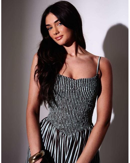 South Beach Blue Striped Smocked Bodice Midi Dress