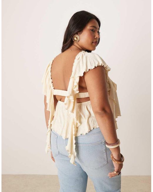 ASOS White Asos Design Curve Crinkle Flutter Sleeve Open Back Top