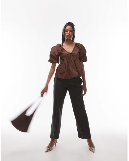 TOPSHOP Brown Poplin Puff Sleeve Top