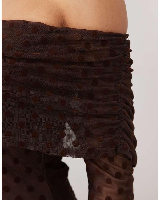 ASOS Brown Flocked Polka Dot Mini Bardot Off Shoulder Dress With exaggerated Flute Sleeve