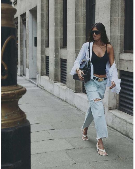 River Island Gray Ripped Raw Hem Barrel Leg Jeans