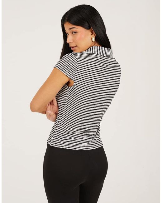 Brave Soul Gray Short Sleeve Gingham Collared Top
