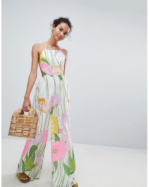ASOS Multicolor Jumpsuit With Open Back In 70's Floral Print