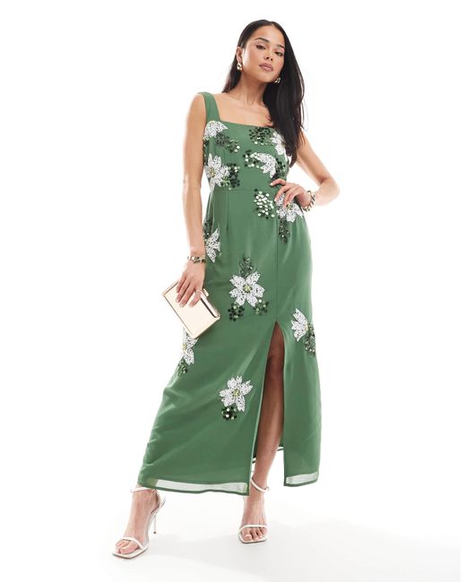 Robe longueur mollet à encolure carrée festonnée et motif fleuri - moyen Maya en coloris Green