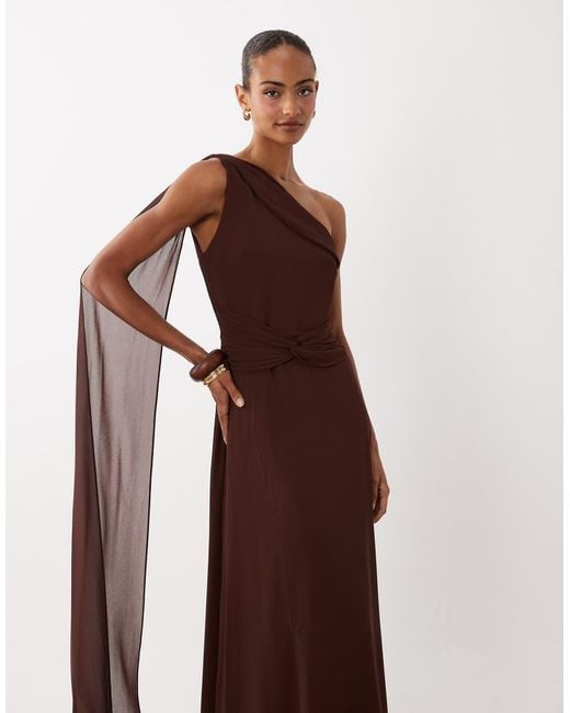 TFNC London Brown Bridesmaid Chiffon One Shoulder Twist Waist Draped Maxi Dress