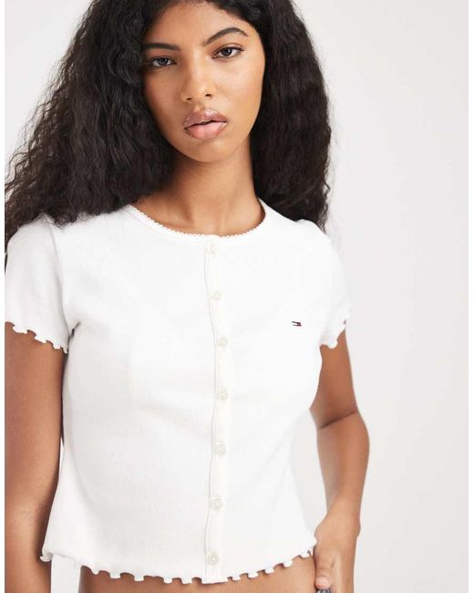 Tommy Hilfiger White Ribbed Buttoned T-shirt