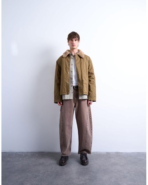 Topman Brown Padded Coach Jacket With Borg Collar for men
