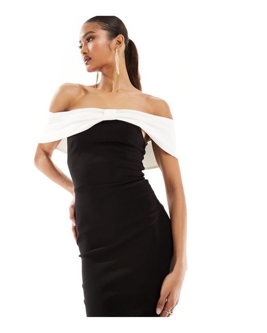 Vesper White Contrast Bardot Bow Detail Midaxi Dress