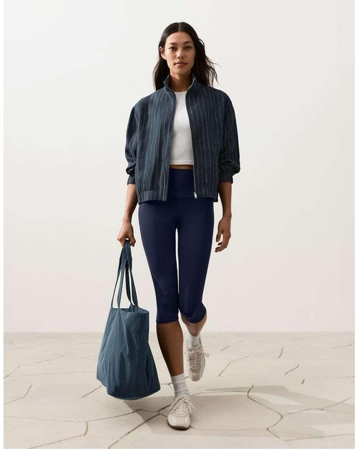 Oysho Blue Pinstriped 100% Linen High-Neck Jacket