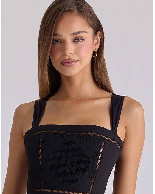 House Of Cb Black Ava Cotton Placement Broderie Anglaise Midi Dress