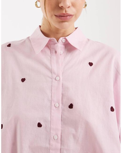 ONLY Pink Boxy Shirt With Heart Embroidery
