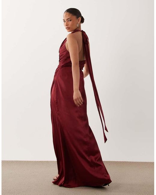 TFNC London Red Tfnc Bridesmaid Petite Satin Halter Neck Cowl Plunge Split Detail Maxi Dress