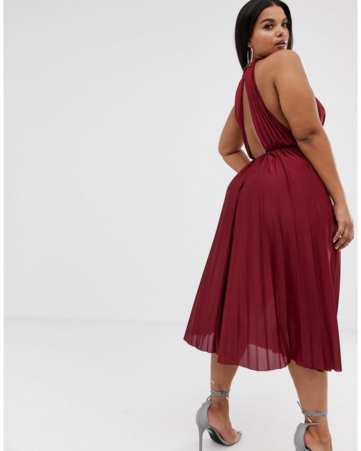 high neck pleated midi dress