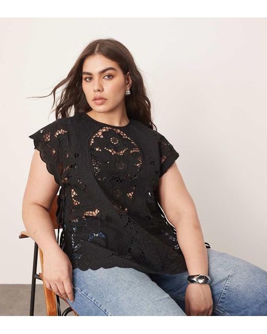 ARRANGE Black Curve Cotton Cutwork Embroidered Top With Tie Side