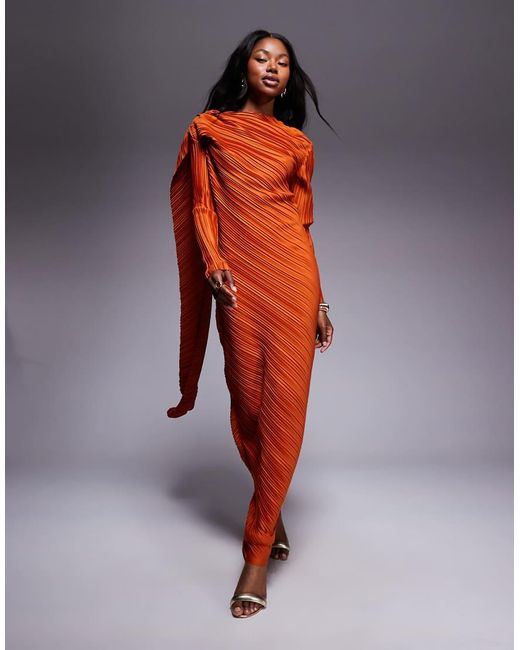 ASOS Orange Plisse Long Sleeve Drape Detail Maxi Dress