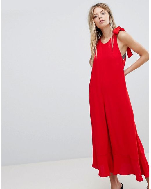 French Connection Red Crepe Wide Leg Bow Jumpsuit