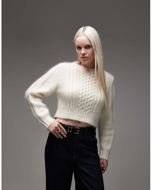 & Other Stories White Mohair And Wool Blend Crew Neck Cable Sweater