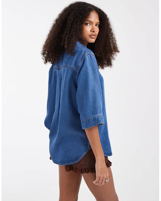 Object Blue Button Down 2/4 Sleeve Top
