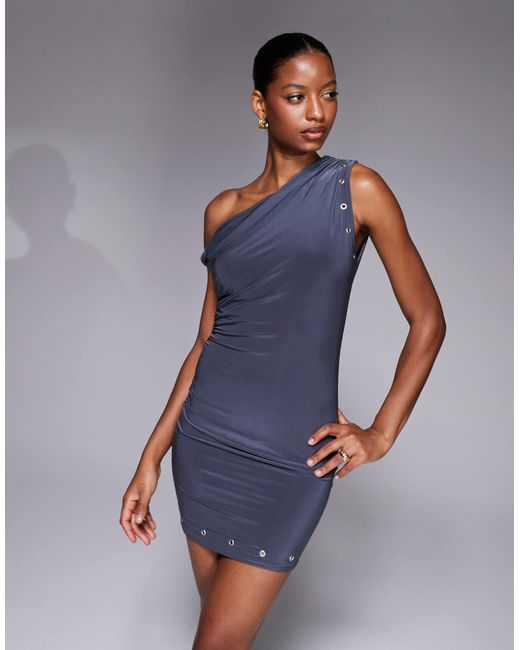 Kaiia Blue Exclusive Double Layered Slinky Asymmetric Twist Off Shoulder Eyelet Detail Mini Dress