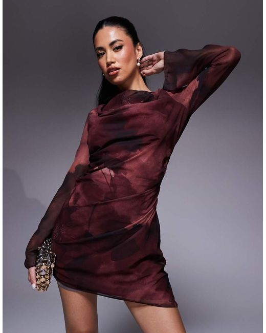 ASOS Asymmetrische Mini Jurk Met Lange Mouwen En Bloemenprint in het Purple