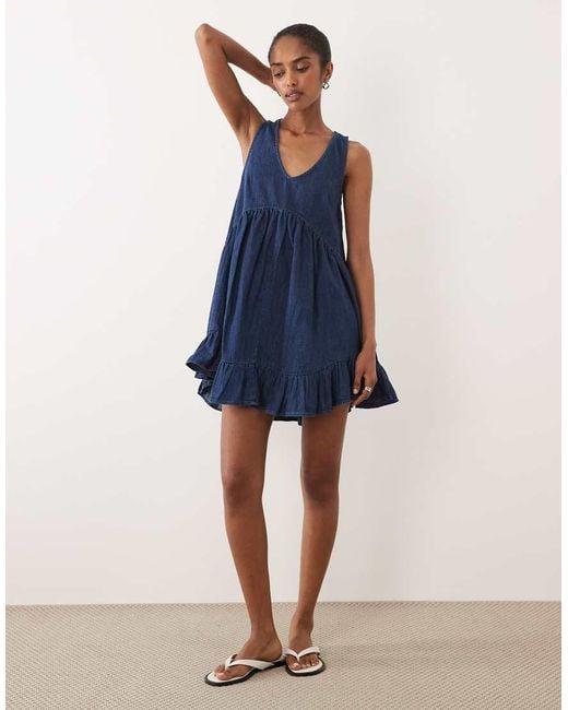 ASOS Blue Denim V-neck Tiered Smock Dress