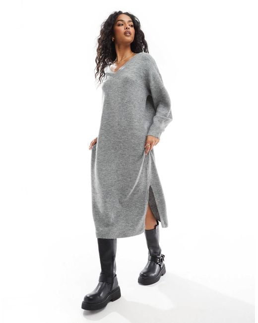 Vero Moda Gray Oversized Knitted V Neck Midi Dress