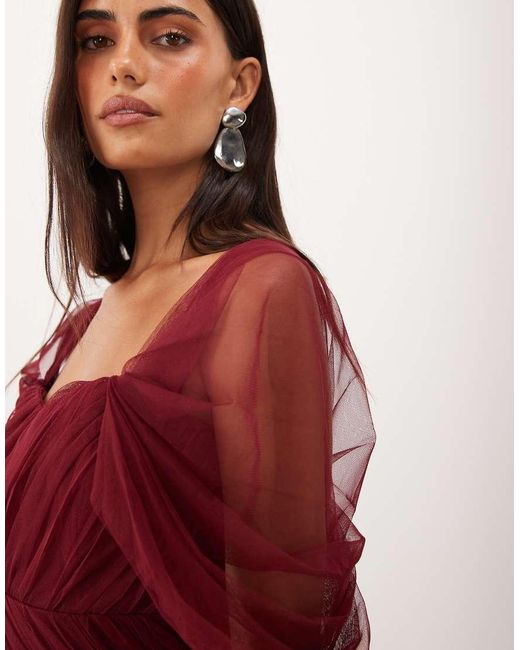 LACE & BEADS Red Tulle Fallen Shoulder Asymmetric Ruffle Detail Maxi Dress