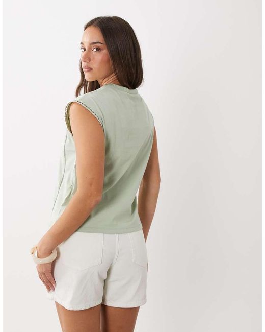 Mango Green Cap Sleeve Round Neck Embroidered Detail T-shirt