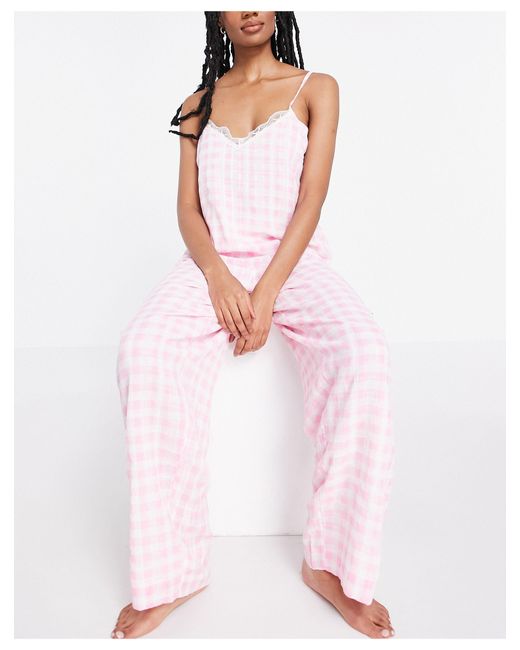 River Island Pink Gingham Check Pyjama Cami And Trouser Set