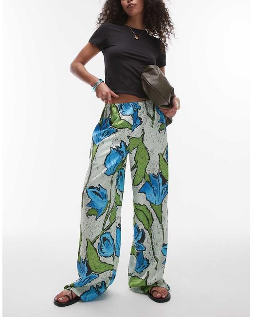 TOPSHOP And Blue Floral Pull On Satin Wide Leg Trouser