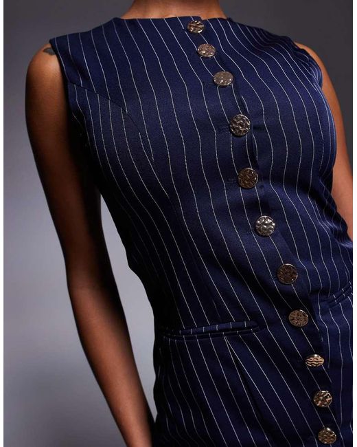 Kaiia Blue Exclusive Sleeveless Hammered Gold Button Detail Waistcoat Top Co-ord