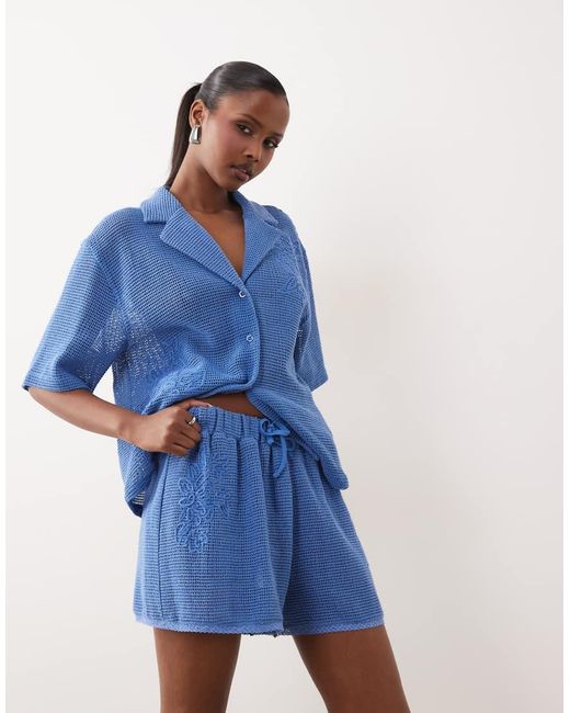 ASOS Blue Open Knit Shorts With Cornelli Detail