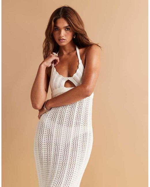 Aria Cove Natural Crochet Knitted Halterneck Cut Out Maxi Beach Dress