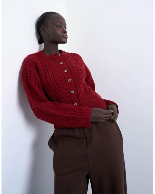 TOPSHOP Red Knit Cable Fitted Waist Cardigan