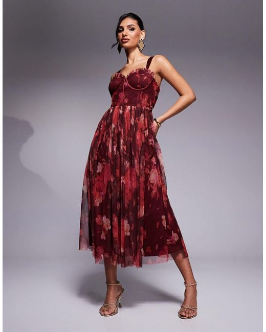 LACE & BEADS Corset Tulle Midaxi Dress in Red | Lyst