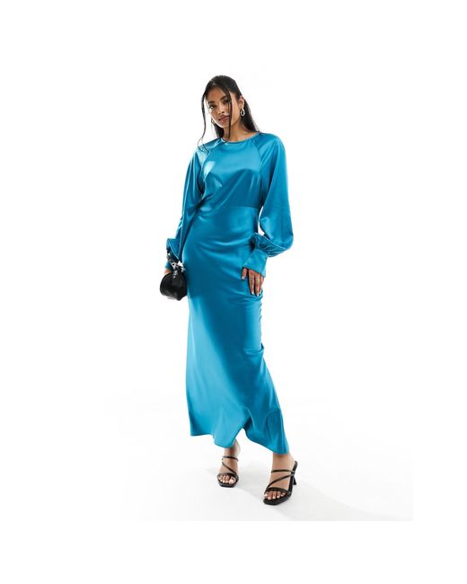 ASOS Blue High Neck Satin Balloon Sleeve Maxi Dress