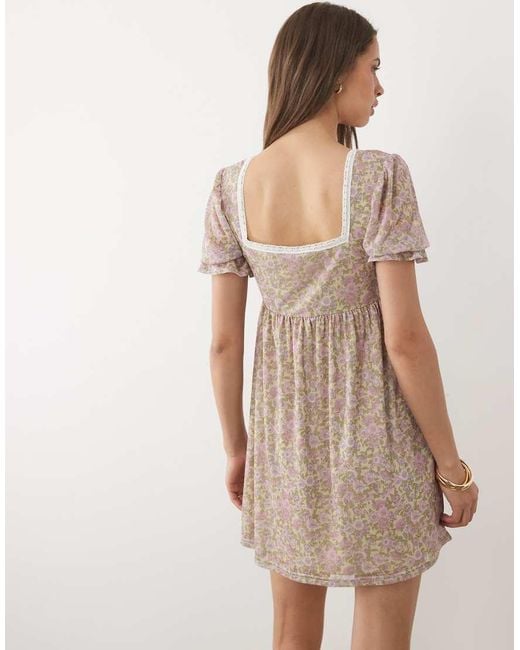 Miss Selfridge Natural Babydoll Mini Dress With Puff Sleeve