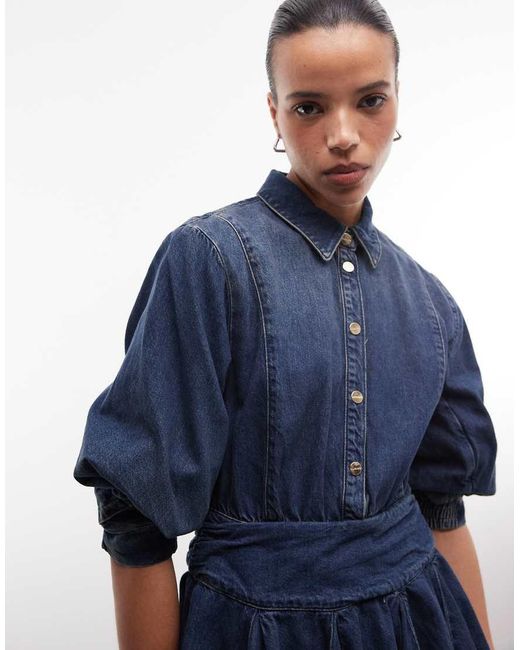 AllSaints Blue Arlo Balloon Sleeve Button Down Denim Mini Dress