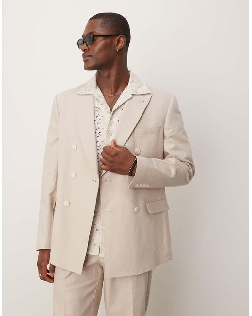 ASOS Double-Breasted Normaal Colbert Van Linnenmix in het Natural voor heren